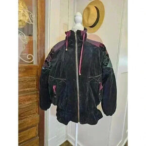 Vtg 80s/90s G-4000 Women's Size S Black Velvet Bomber Jacket with Flower Detail